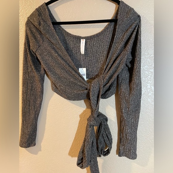 Anthropologie Daily Practice Wrapped Gray Ribbed Tie-Front Top - Picture 6 of 6